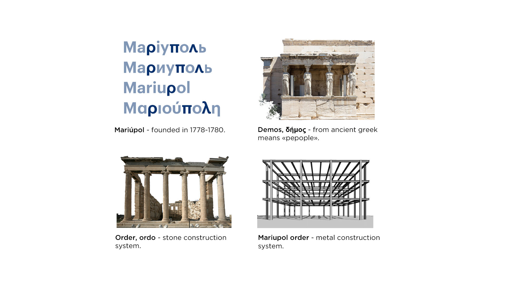 The ancient Greek system which calls the “Order” system, is a constructive system that allows you to create large spans without additional supports. Mariupol Order – a modern interpretation of the Order system, a descendant of a democratic Greek society.