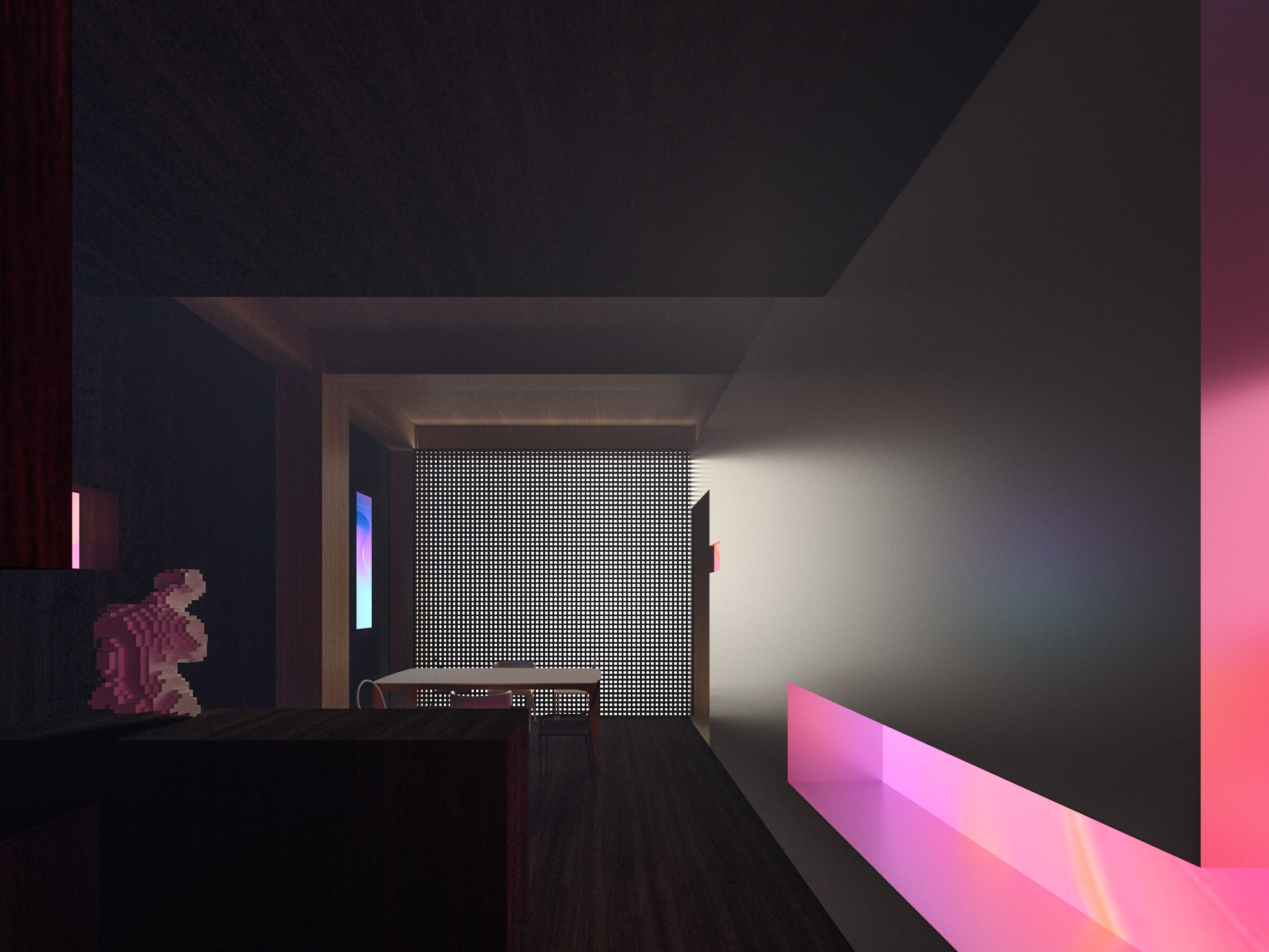 Rendering of wooden grille exterior wall of the guest room loft living room