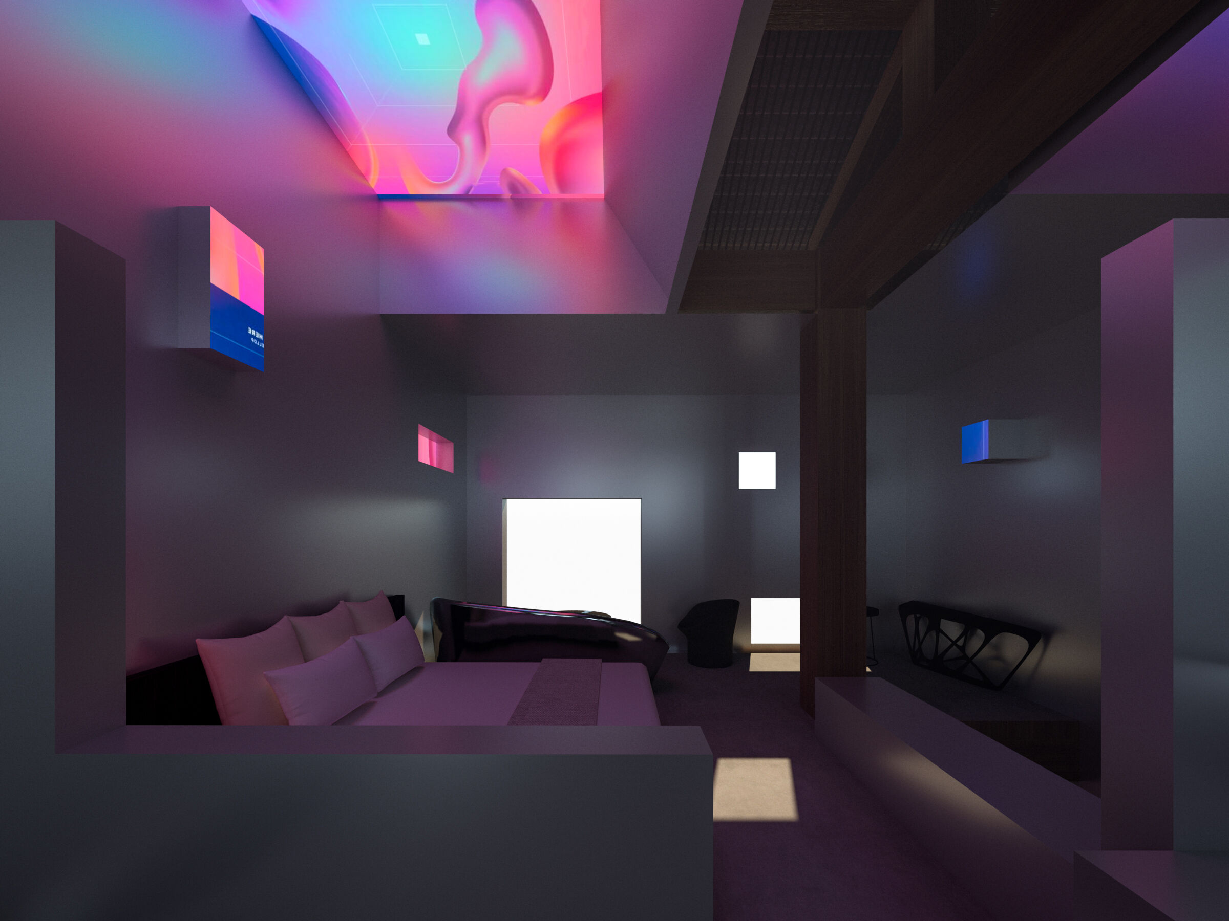 Rendering of the bedroom hole curtain wall of the room loft type