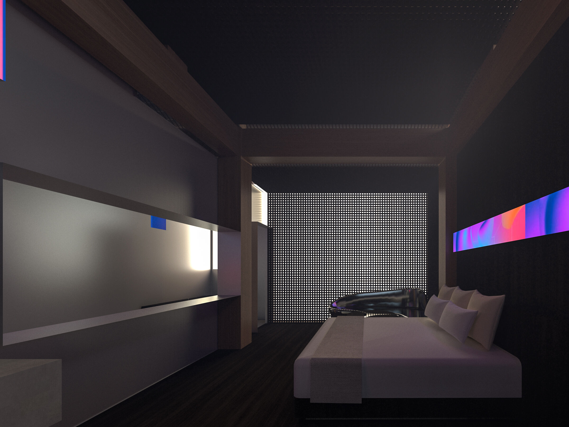 Rendering of the wooden grille exterior wall of the room loft type bedroom