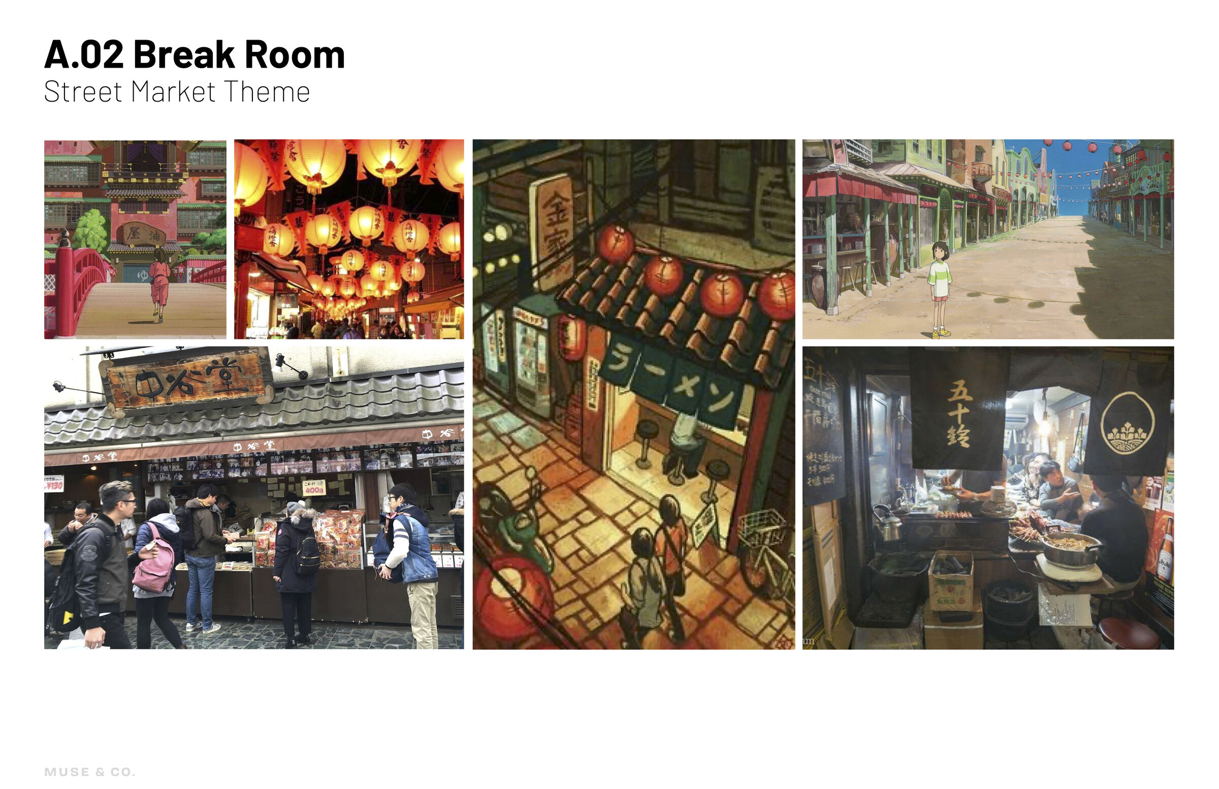 The Break Room inspiration was a period anime street scene with food carts, market stalls, wheat paste posters, and paper lanterns. Hand painted signage delights with hidden references to anime-famous establishments
