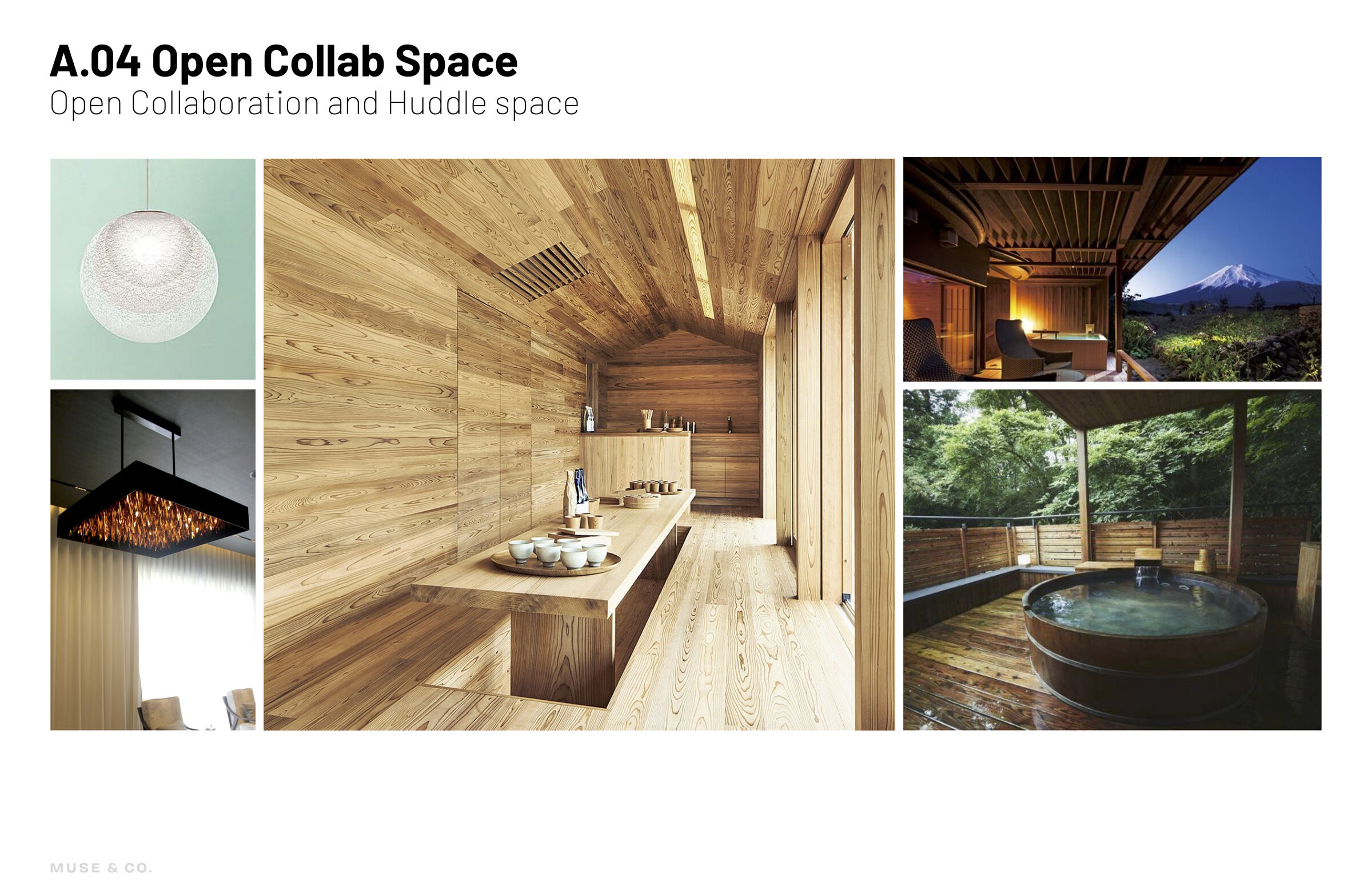 Japanese Onsen hot springs were the inspiration for the open collaboration space where where one can gather to huddle for a brainstorm or casually exchange ideas with teammates