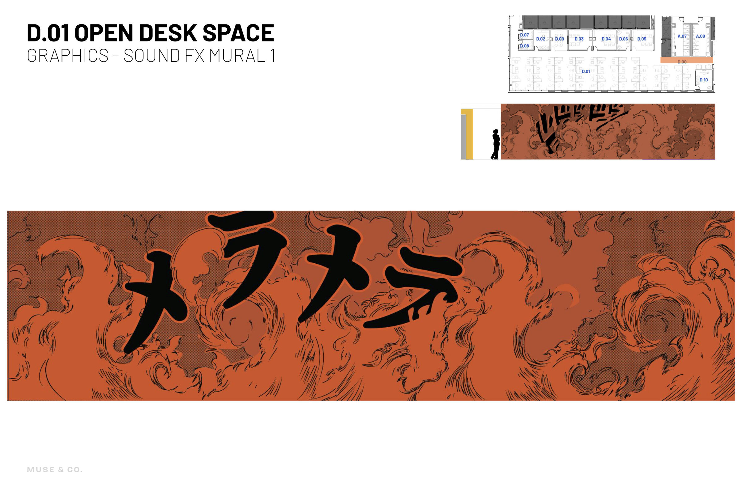 Beyond the harmonious central core, the anime theme is applied in lighter touches within circulation areas and open office spaces