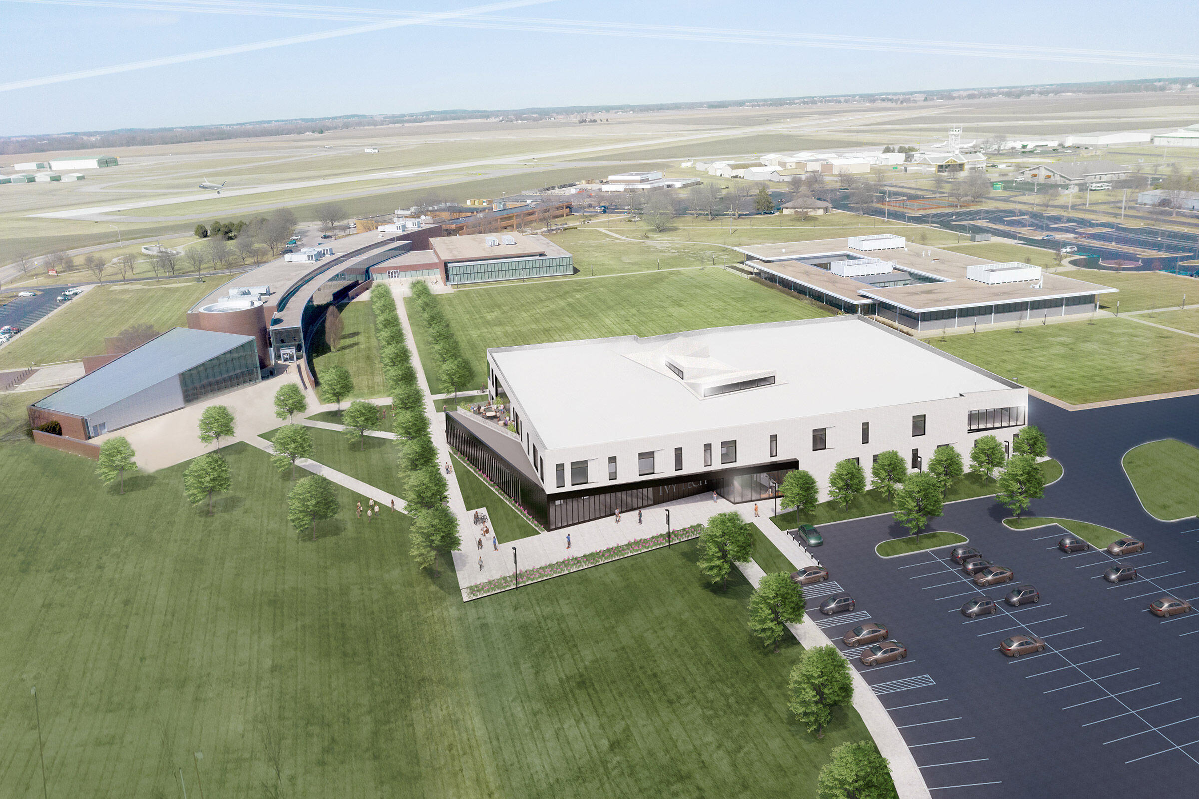 Aerial View of Ivy Tech building in AirPark Campus context