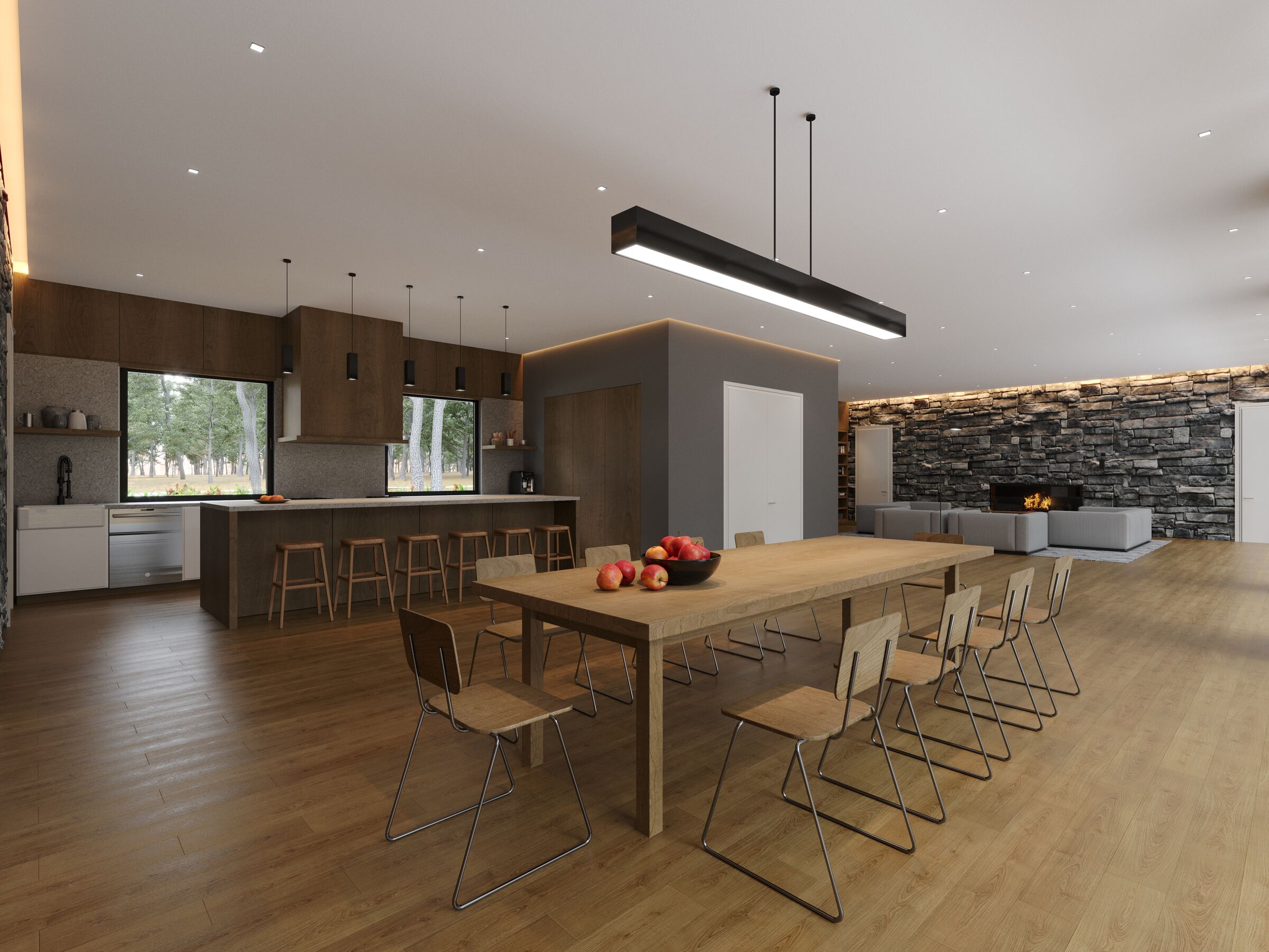 Main interior view with kitchen and dining