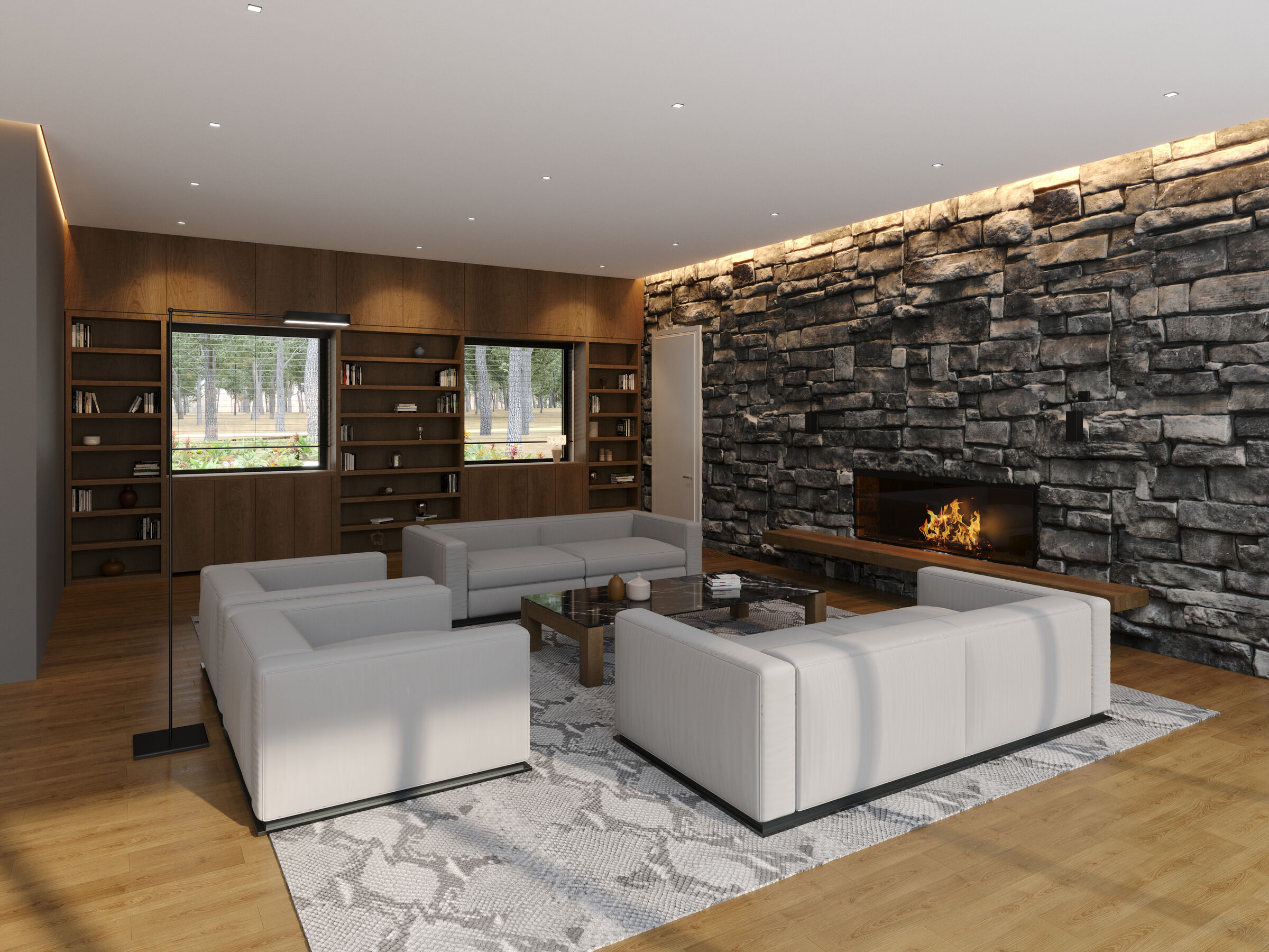 Interior view of sitting area with fireplace