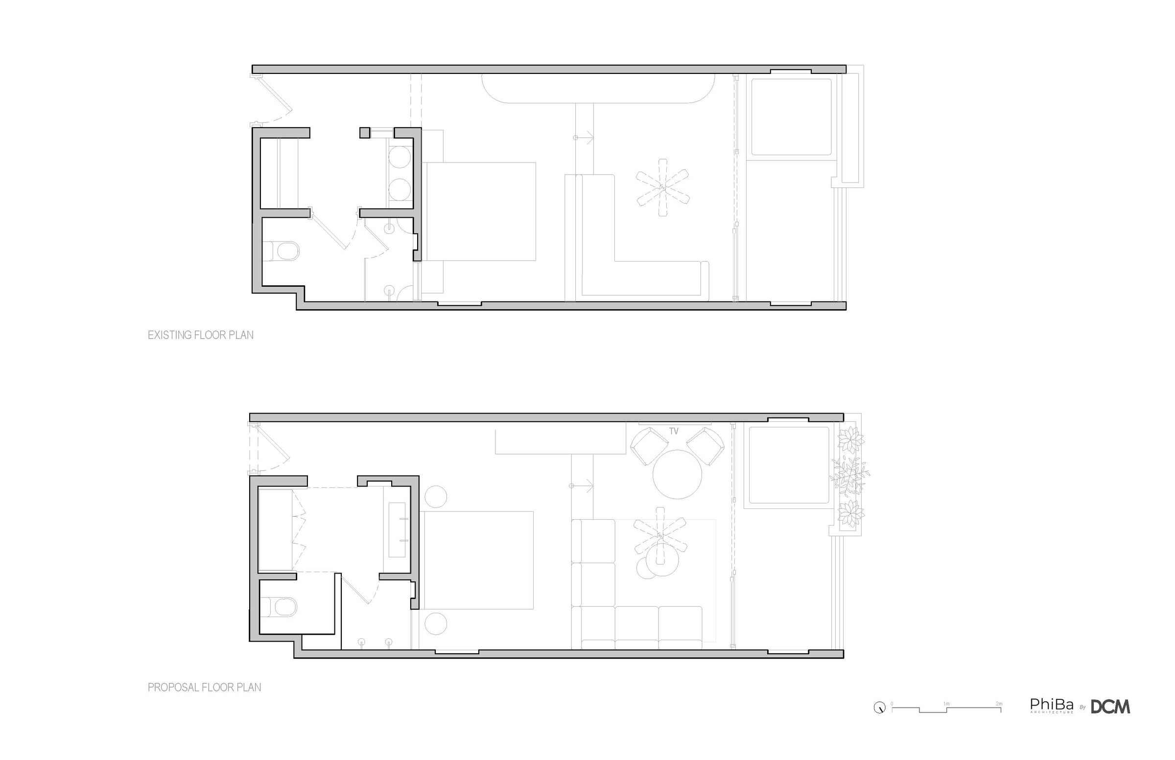 Existing room floor plan and proposal