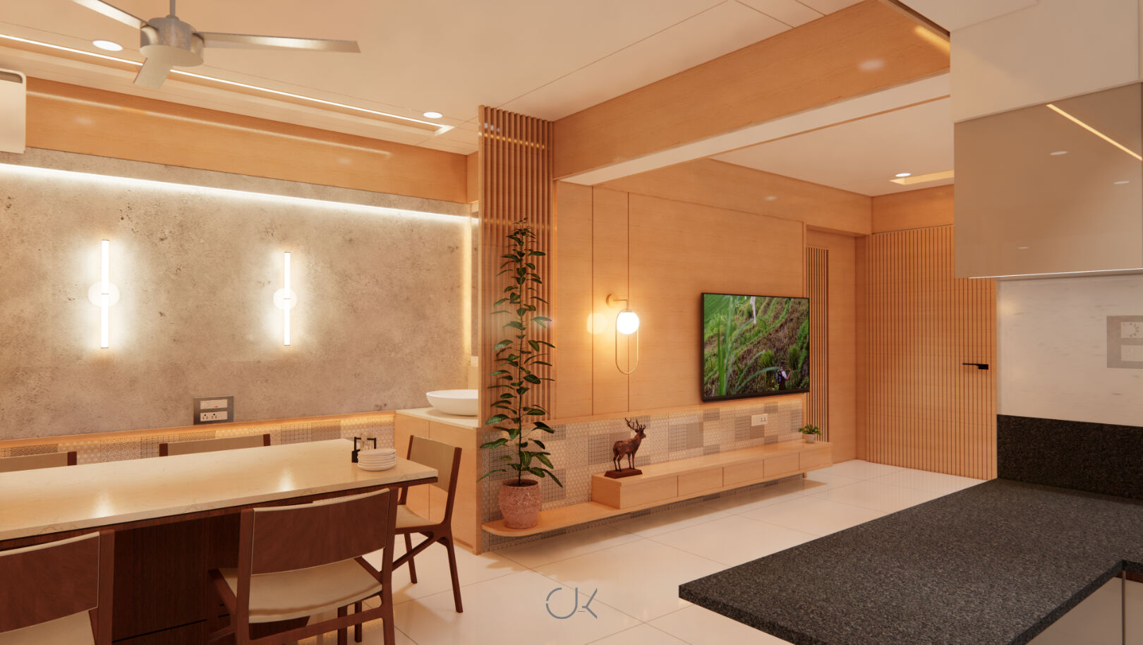Minimalist interior design of a project based in Rajkot. Clean lines and soothing material palette