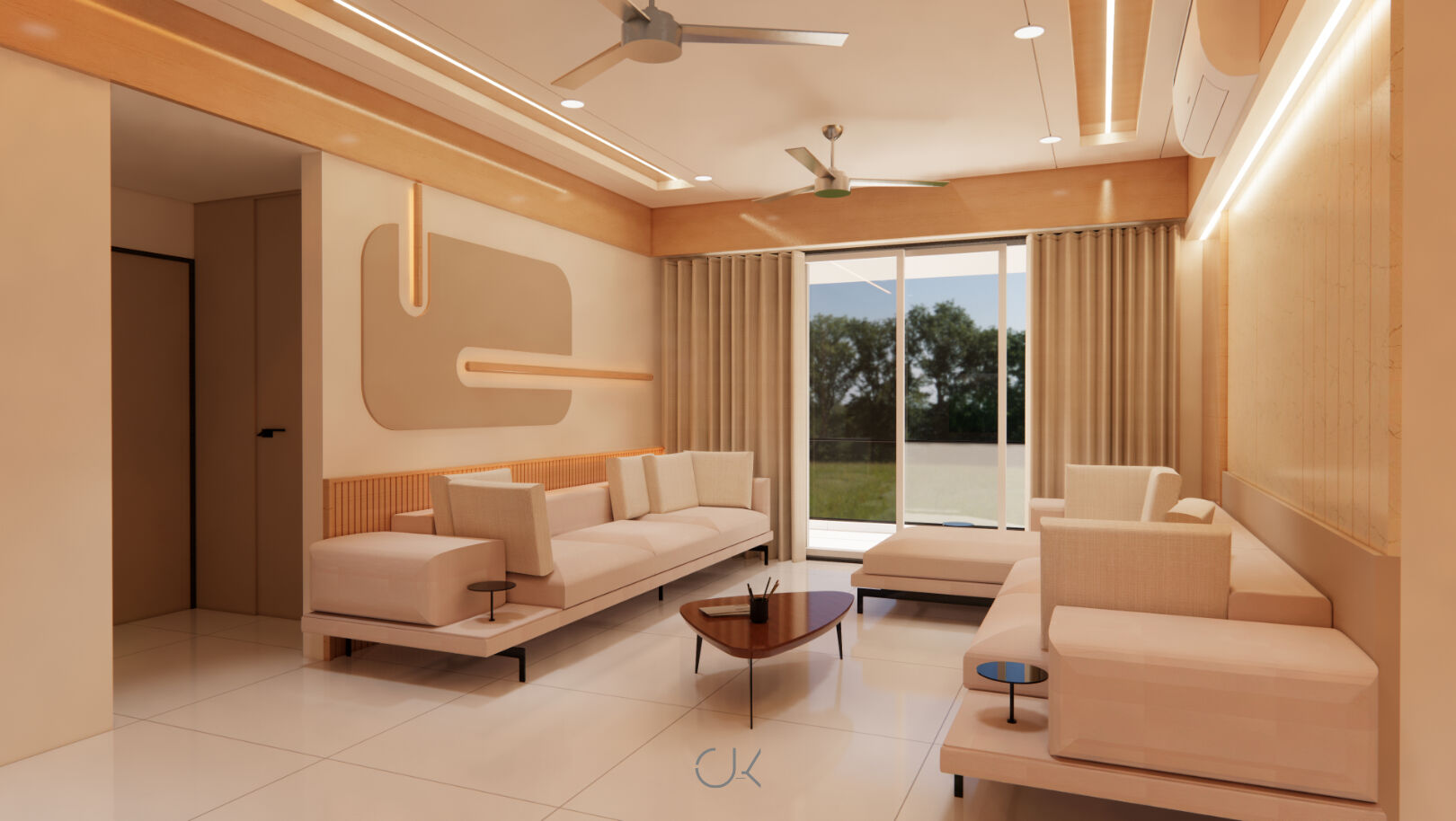Minimalist interior design of a project based in Rajkot. Clean lines and soothing material palette