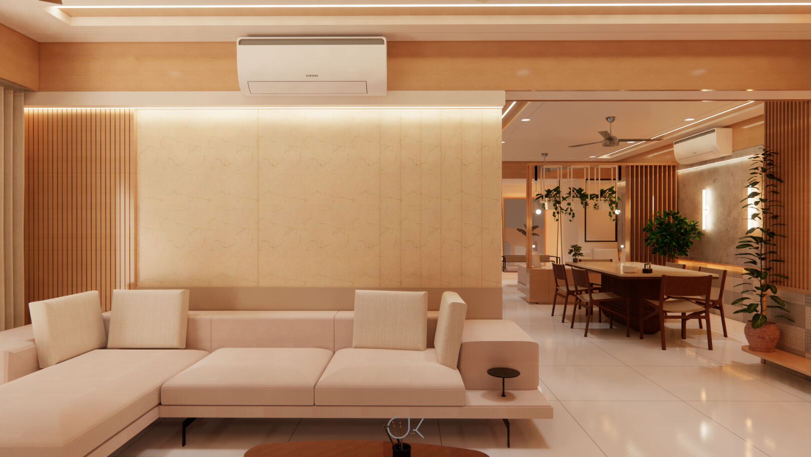 Minimalist interior design of a project based in Rajkot. Clean lines and soothing material palette