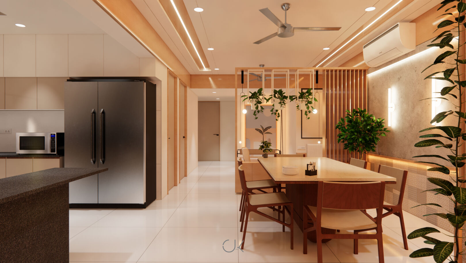 Minimalist interior design of a living space with clean lines and soothing material palette
