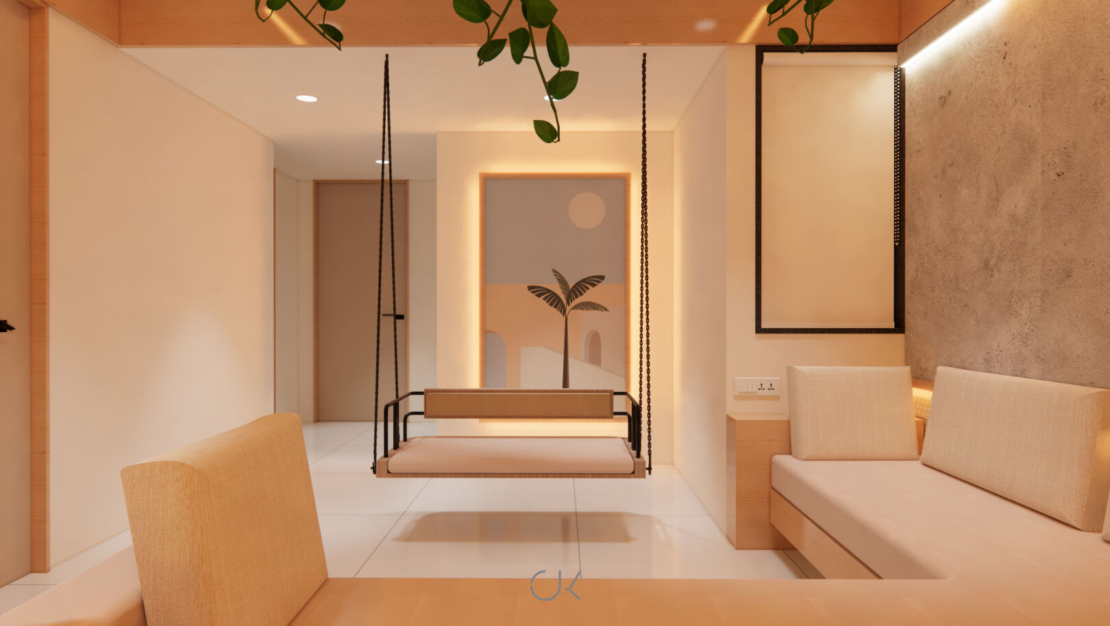 Contemporary interior design of a project based in Rajkot. Clean lines and soothing material palette