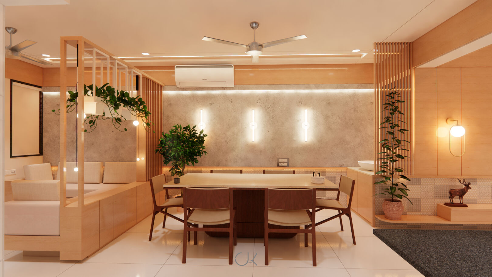 Contemporary interior design of a project based in Rajkot. Clean lines and soothing material palette