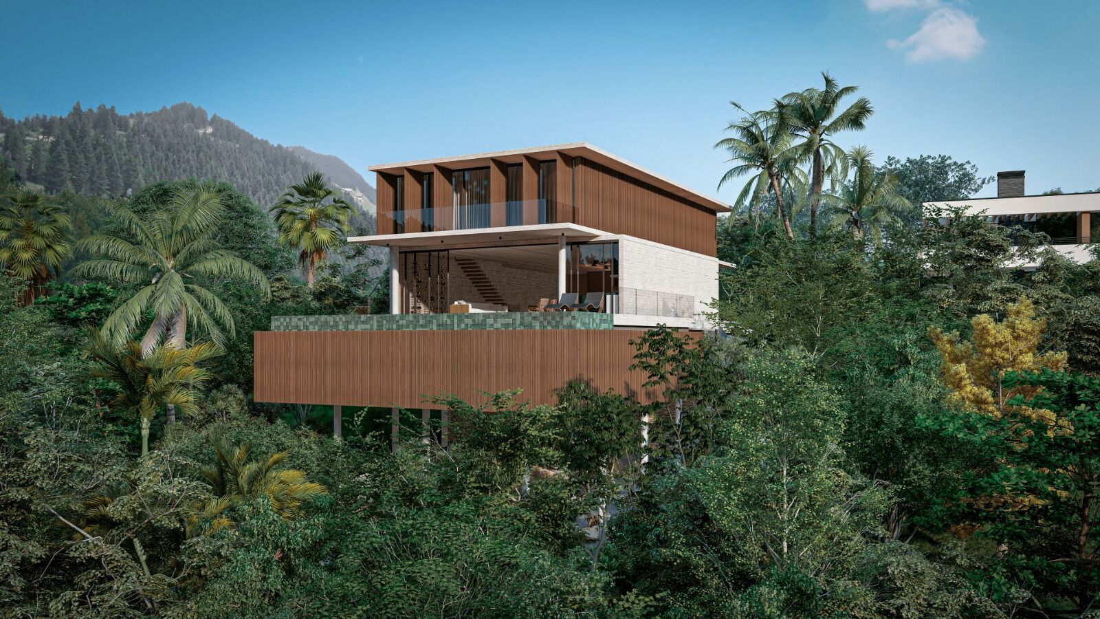 Large glass windows are strategically positioned to capture expansive views of the surrounding landscape.