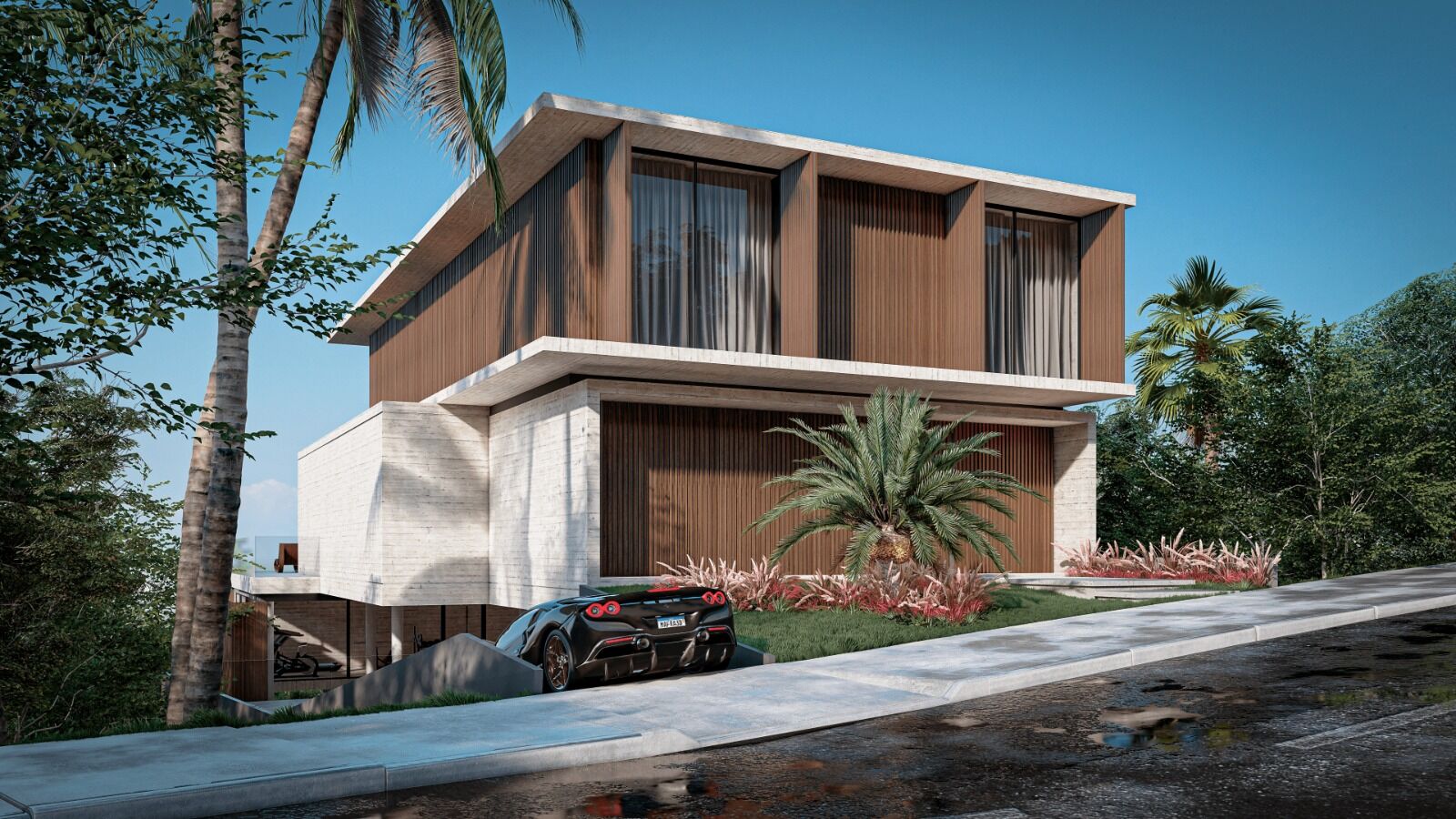 The house has been designed combining the elegant aesthetics of concrete, the warmth of wood, and the transparency of glass.
