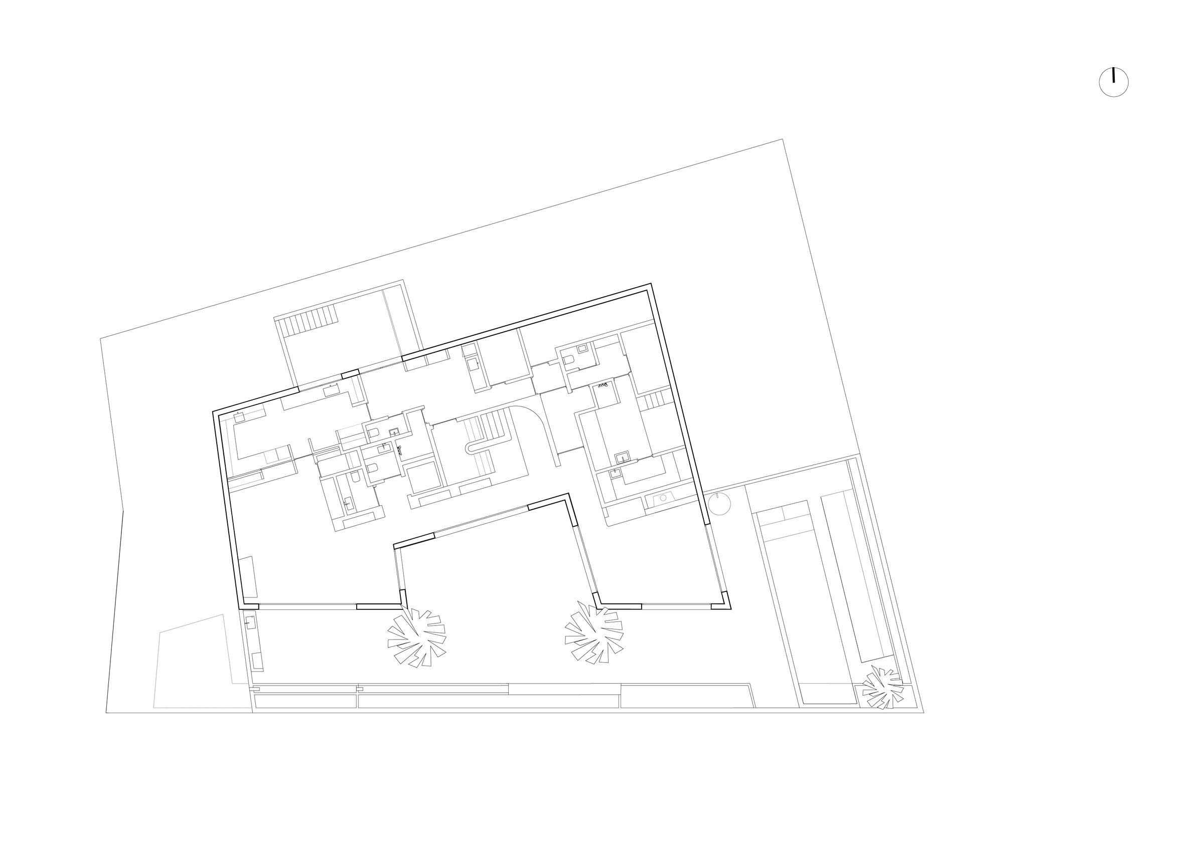 Garden floor: -1: One floor below street level : All communal spaces, dining, kitchen, lounge, a traditional Hammam with plunge pool and massage room, outdoor eating, living and swimming pool. Public bathrooms.