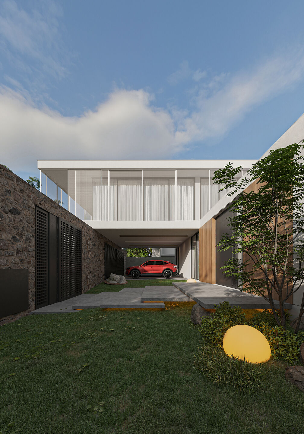 dedicated parking for two cars protected by the second-floor