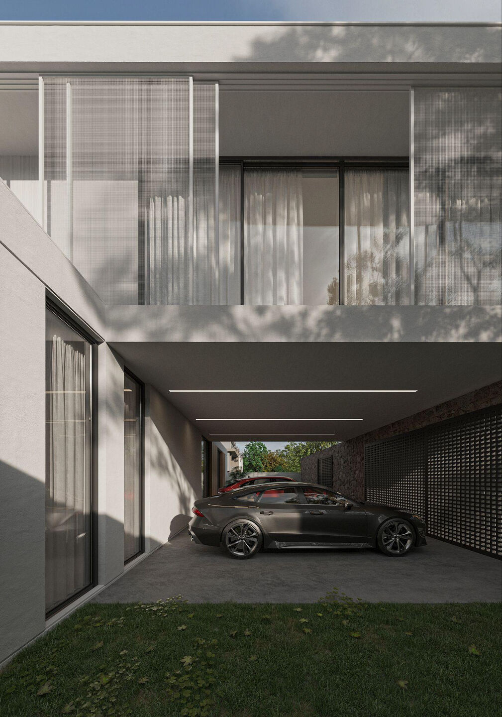 dedicated parking for two cars protected by the second-floor