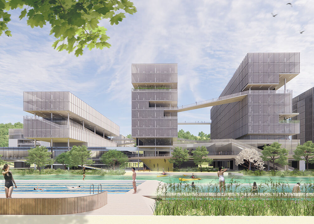lakeside natural pool with a teaching cluster in the background