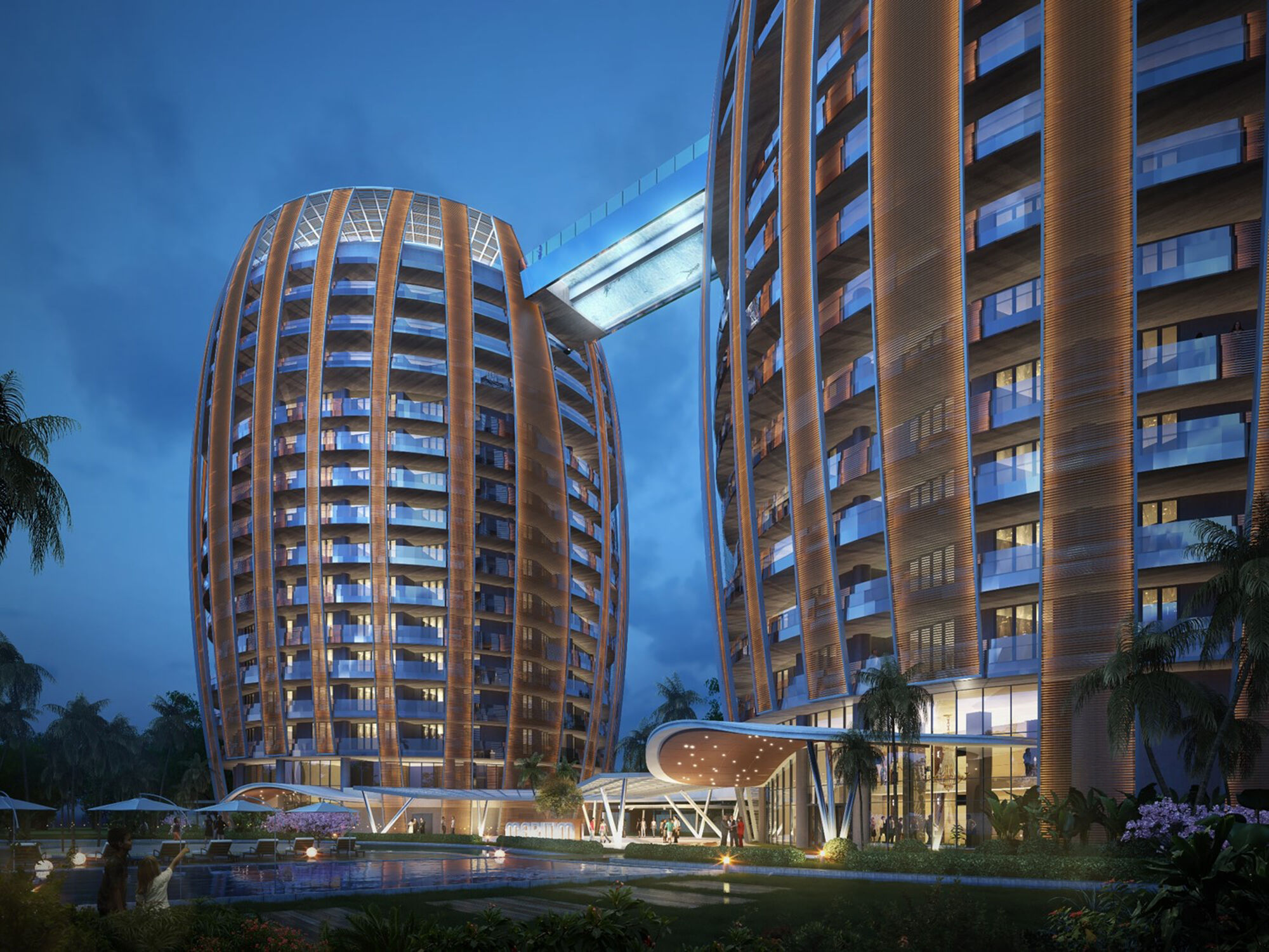 View from the East. Apartment Tower (left) and Hotel Tower (right)