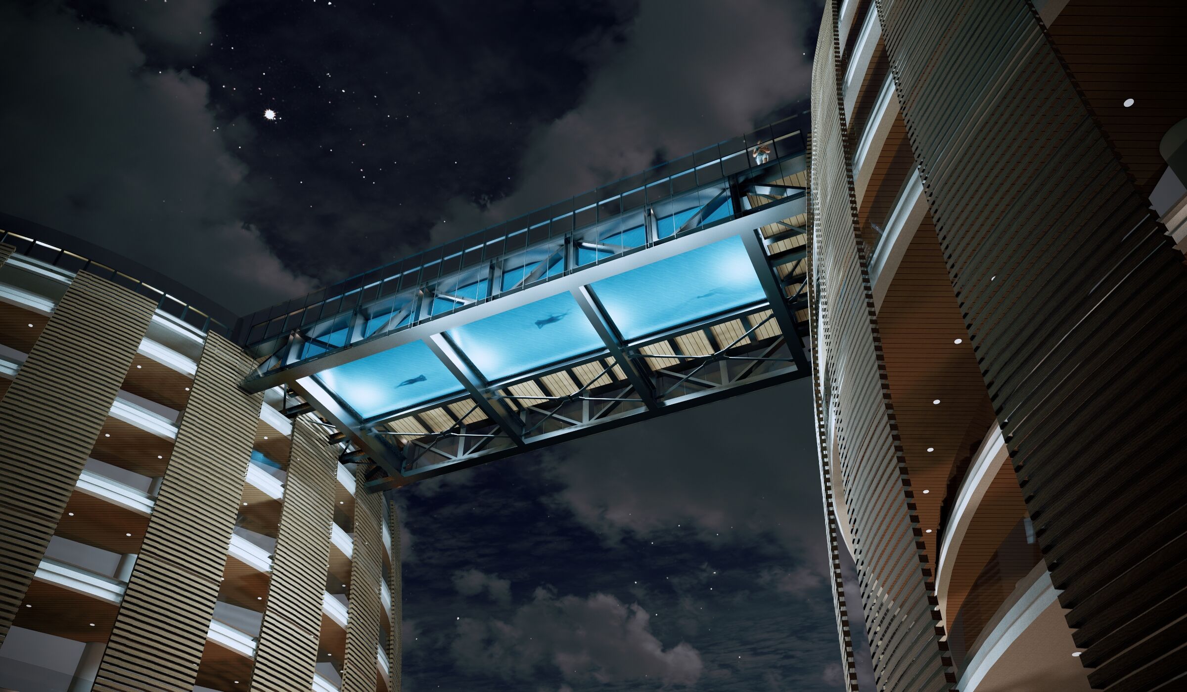 Roof bridge pool night view