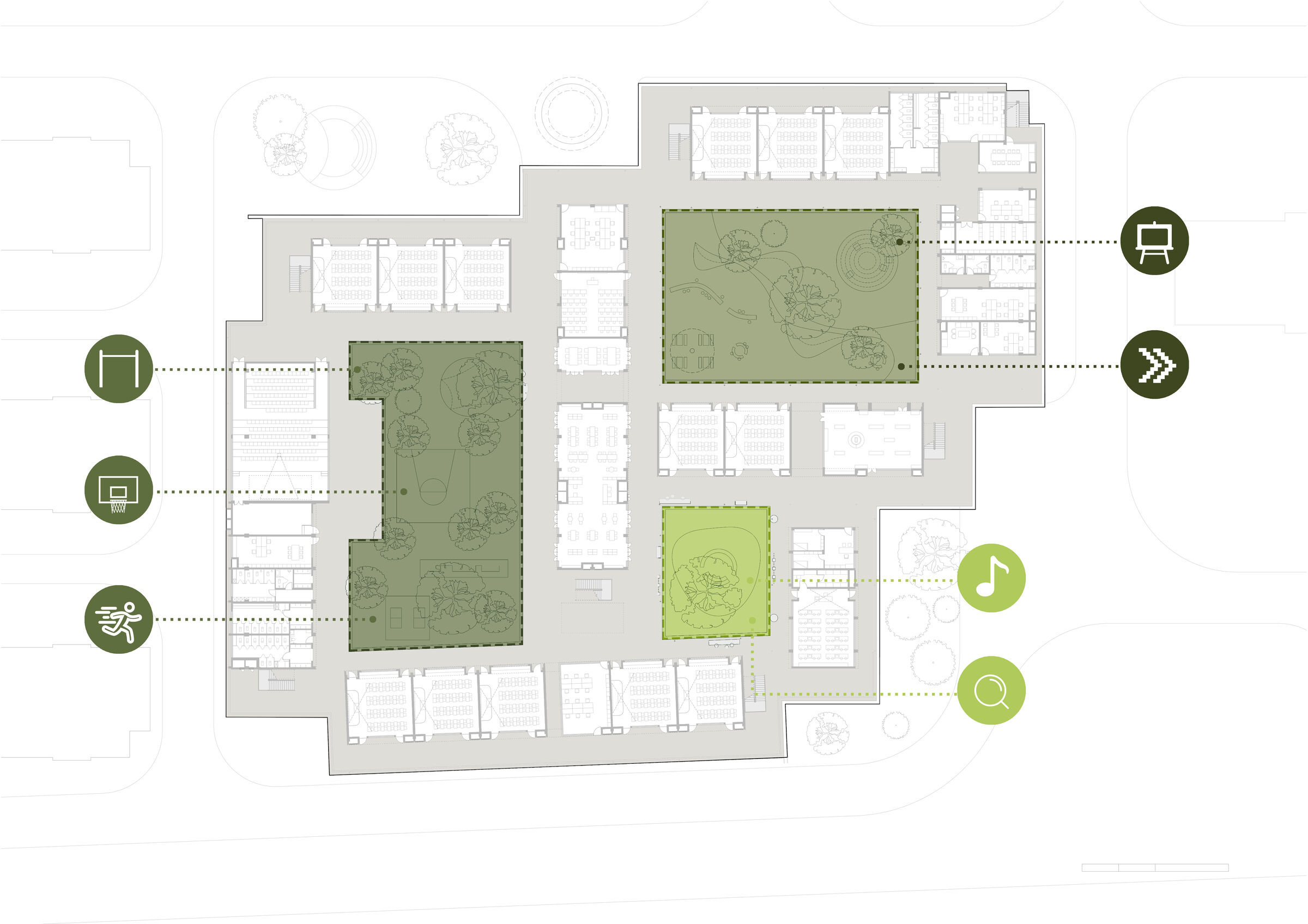 Three courtyards with different scales and atmosphere