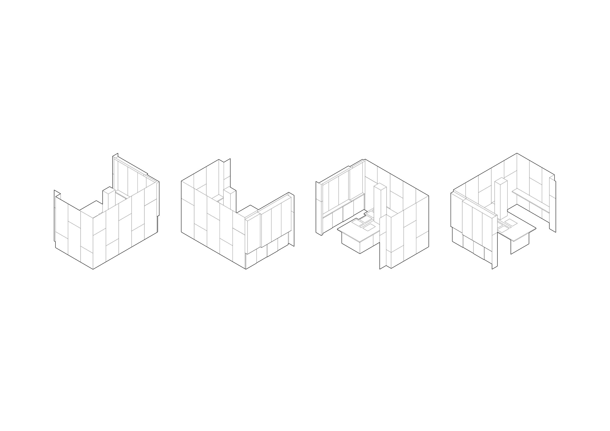 Axonometric view, Bar Area and chromated steel cladding