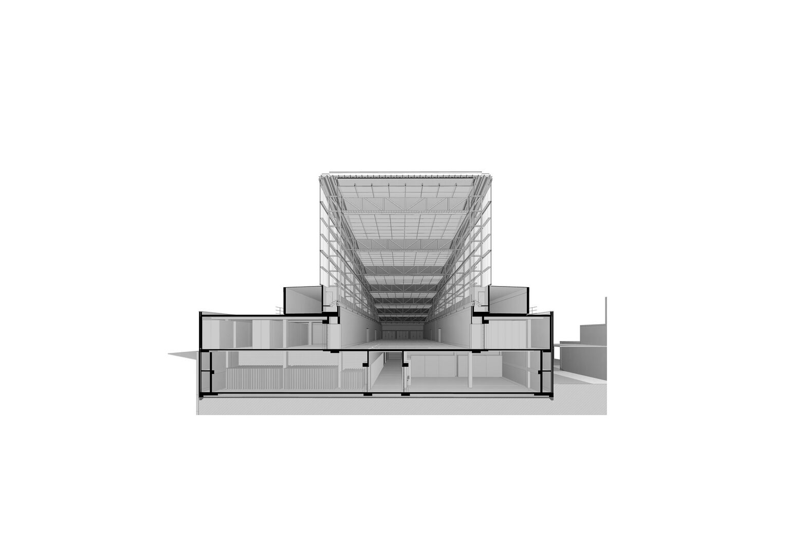 The art warehouse has a double façade made of translucent building elements.