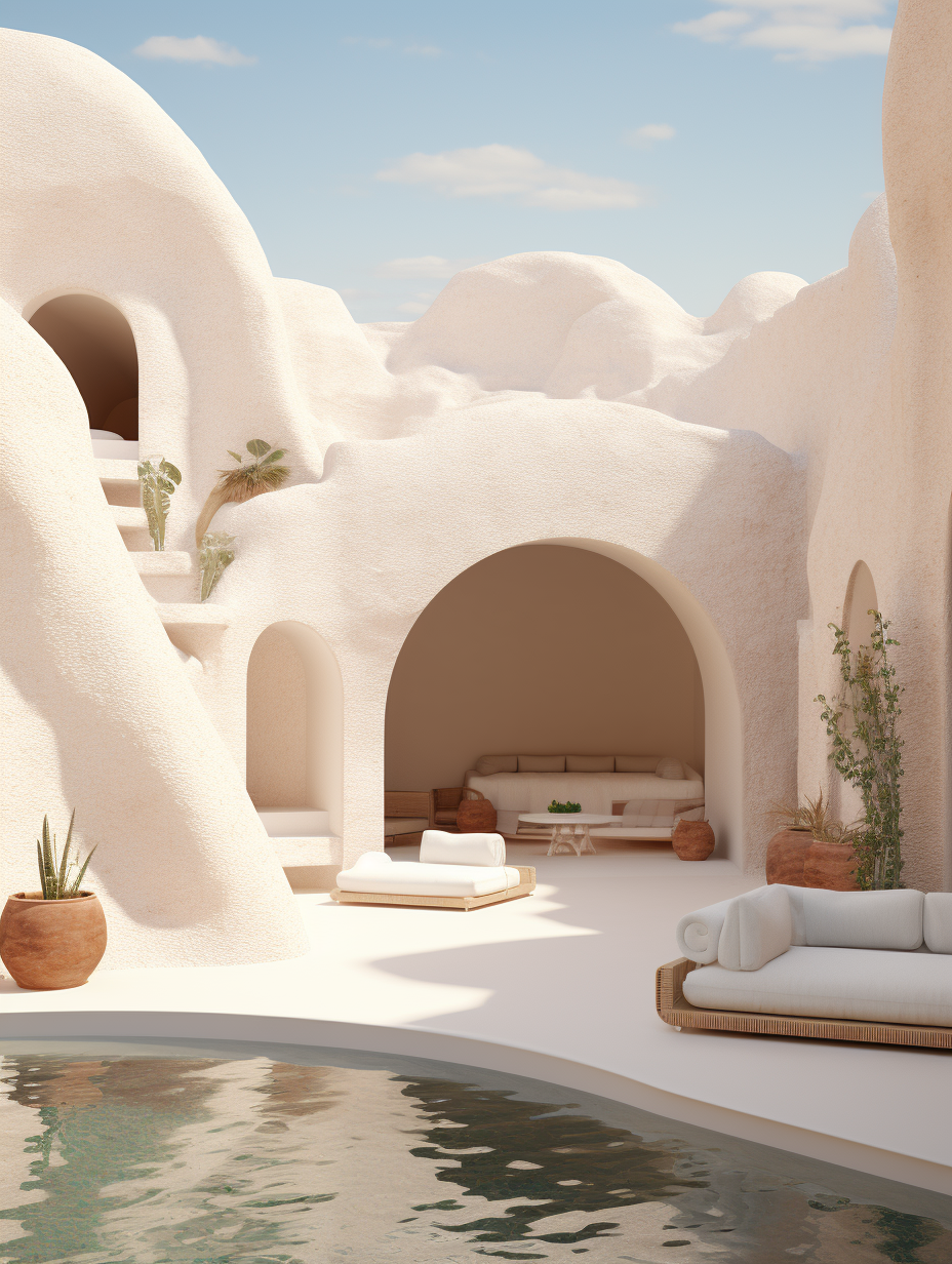 Embark on a journey through the timeless elegance of white and beige clay villas, set against the sandy hues and soft contours of the desert landscape.