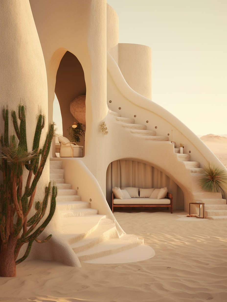 Embark on a journey through the timeless elegance of white and beige clay villas, set against the sandy hues and soft contours of the desert landscape.