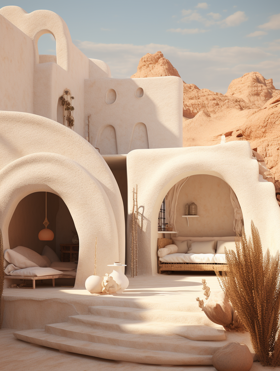 Embark on a journey through the timeless elegance of white and beige clay villas, set against the sandy hues and soft contours of the desert landscape.
