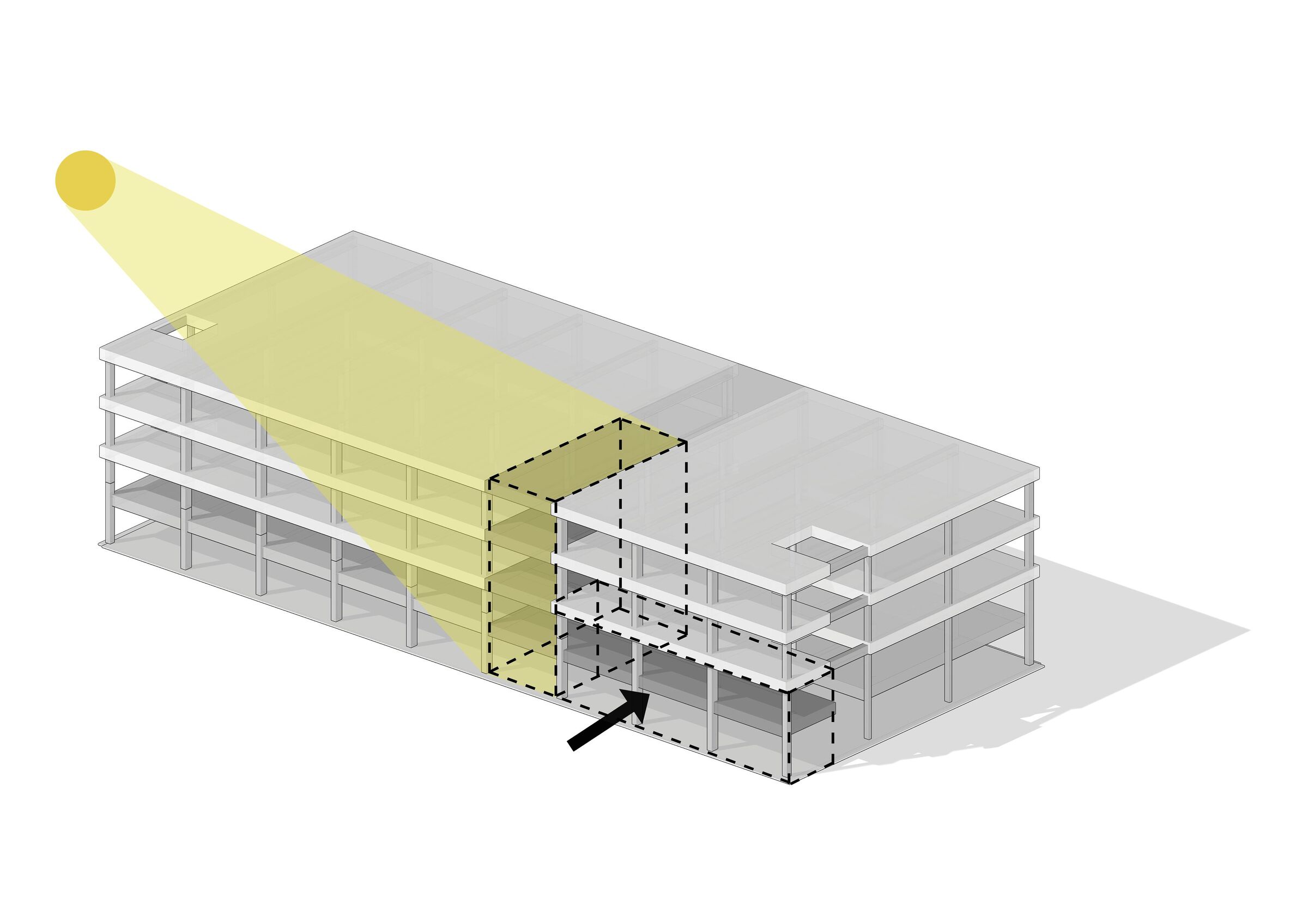 Maximum daylight entry and collective core with central entrance opening up the building