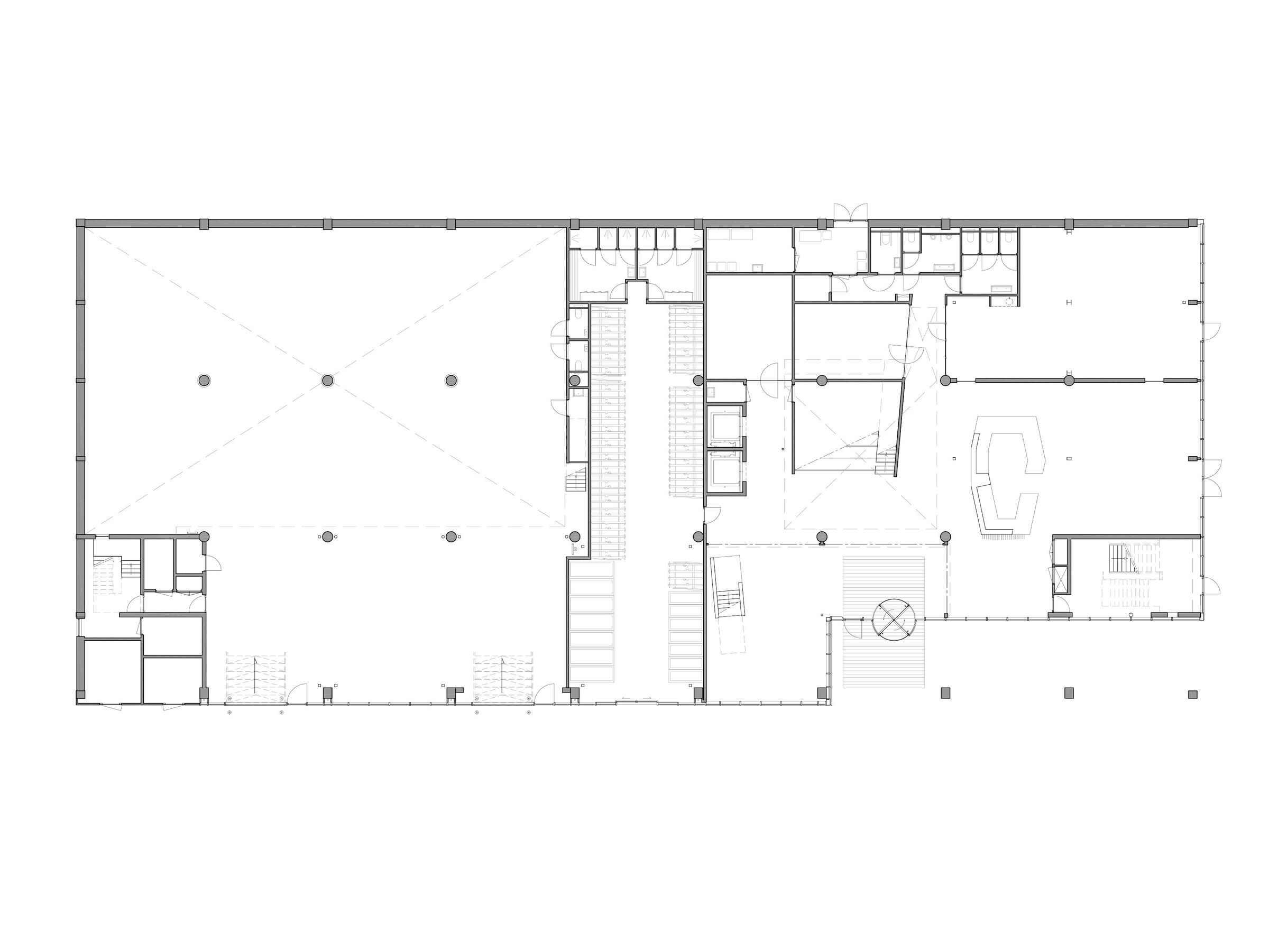 Ground floor plan: The sculptural staircase, together with the public reception area and wooden grandstand steps, forms the building’s collective heart. The double-height space accommodates makers, with bicycle parking at its center.