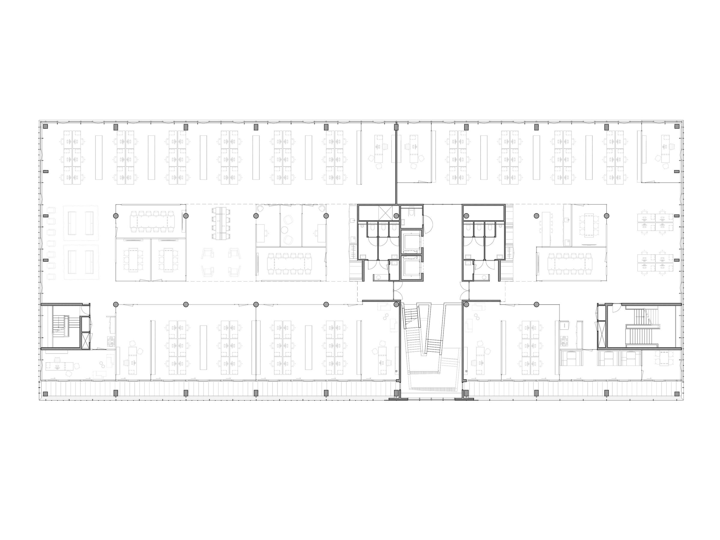 Second floor plan: The office floors have a flexible layout with outdoor space along the southern façade.