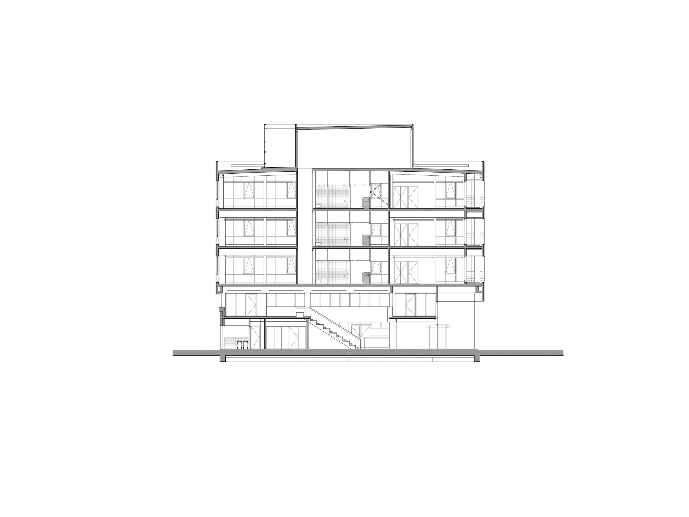 Section: Recessed south façade and public plinth with grandstand stairs.