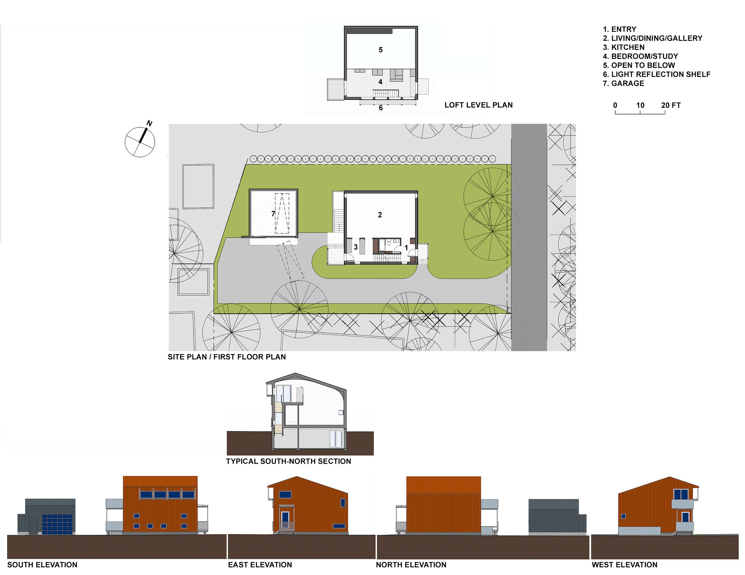 Site Plan, Floor Plans, Section and Elevations