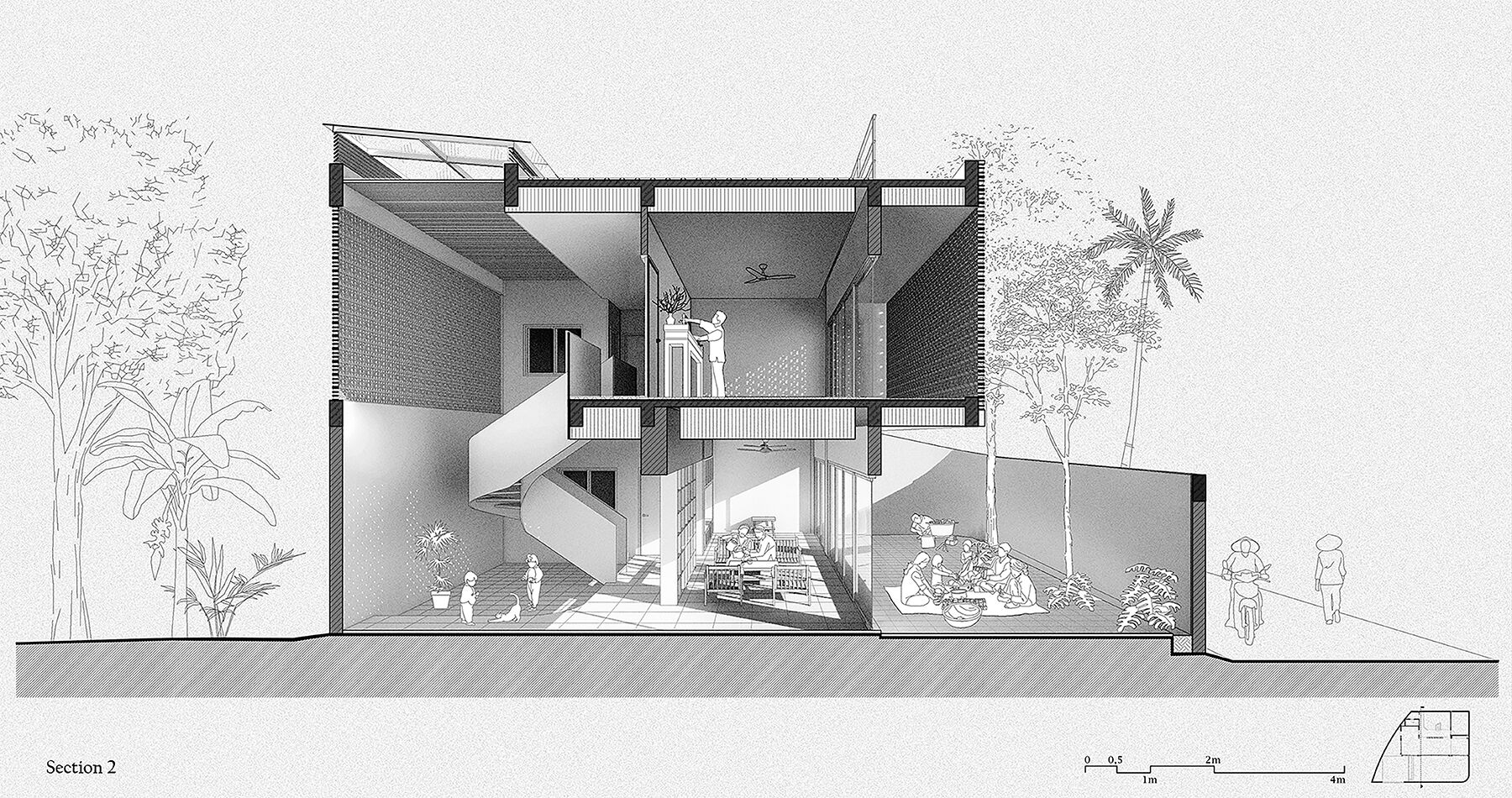 The harmony between modern lifestyle and village traditions. The worship space was moved upstairs in a private and quiet way but still maintained the central position of the house.