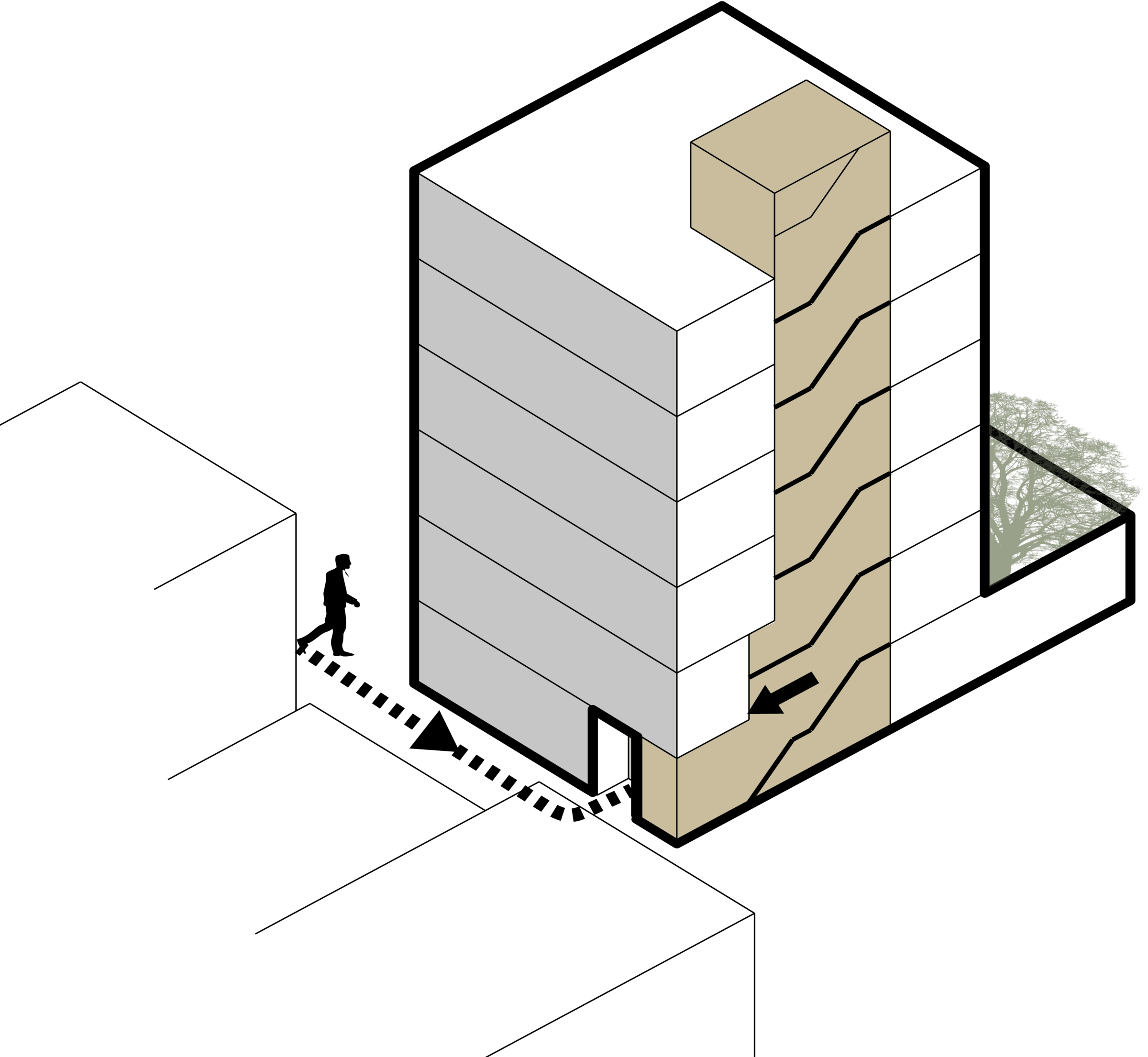 stage 1, By changing the path of the stairs on the first floor, we made it possible to have a lobby. (Before this, it was not possible to have a lobby. ) On the other hand, we provided a separated pedestrian entrance.