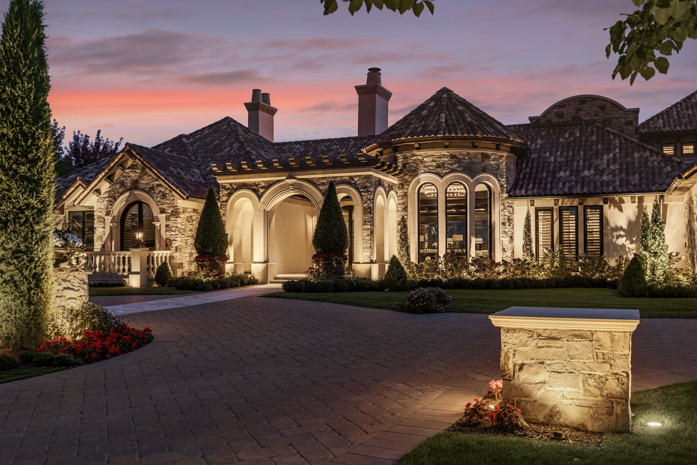 Detailed stone home exterior architecture. Tuscan Villa dream home.