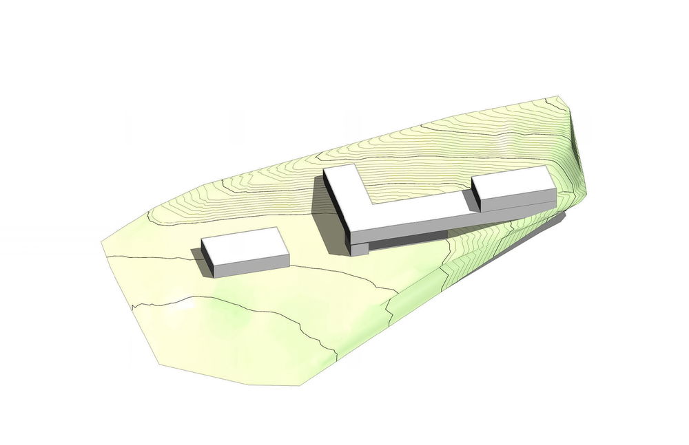 The massing studies explored different ways to place the building on a steep topography