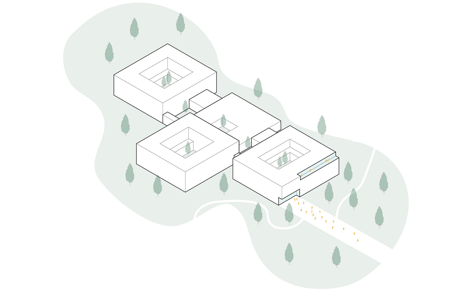 The hospital has six patios and is surrounded by a wooded area
