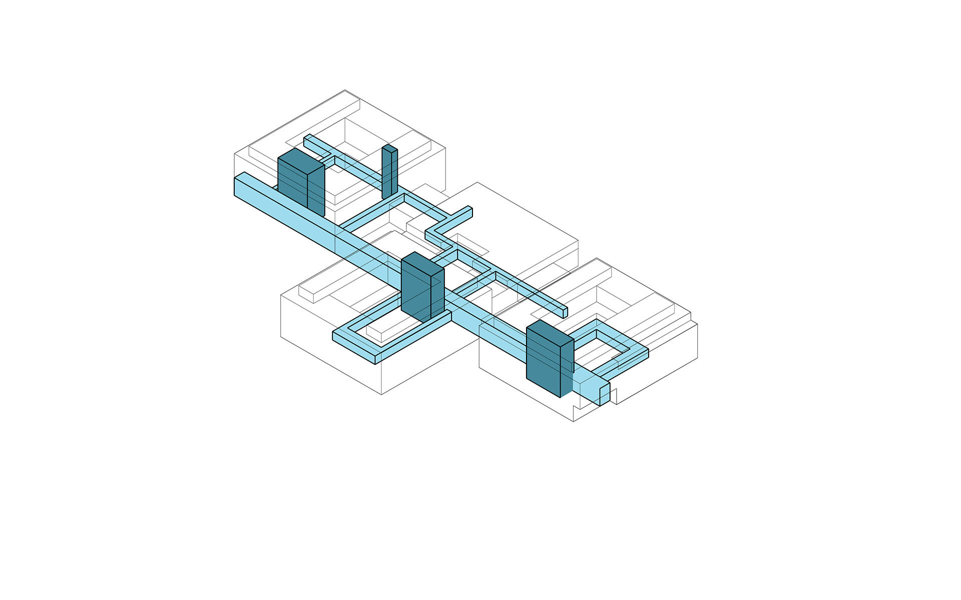 Main routes, stairs and lifts are situated along the patios