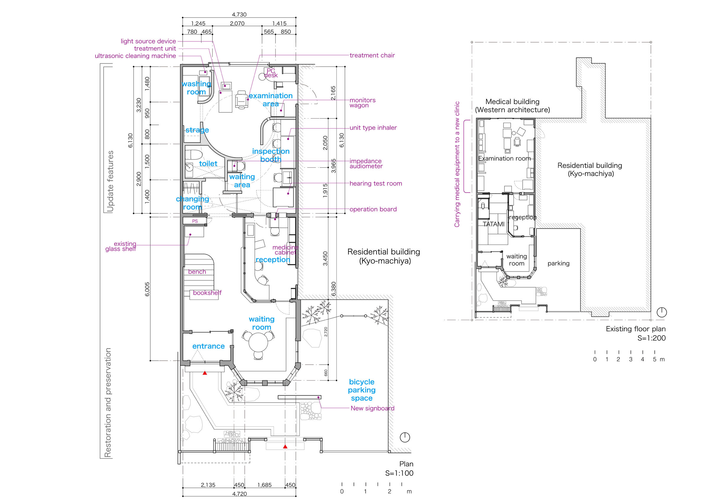 Plan view The old, one-room examination room with little privacy was divided into booths depending on the activity, and the plan was designed to protect privacy.