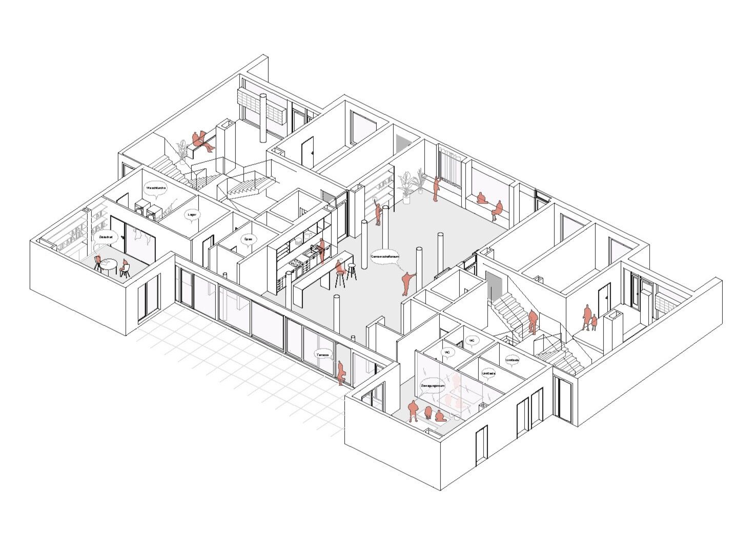 Axonometry Common rooms/ ground floor
