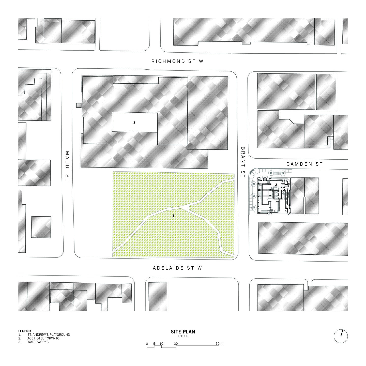 Site Plan with Ground Level programs and adjacency to St. Andrew's Playground Park.