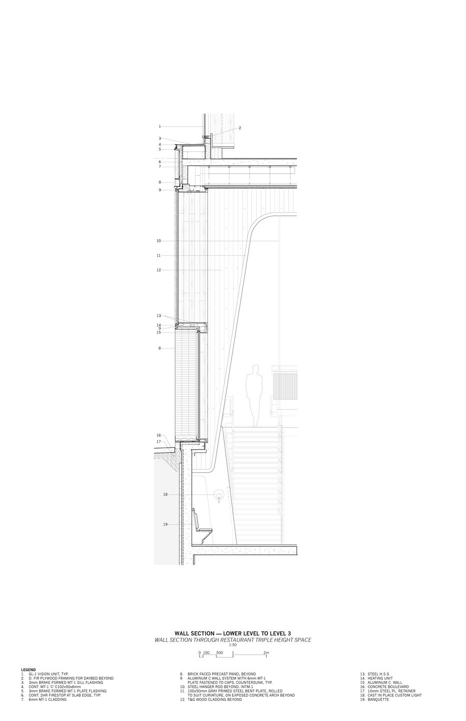 Detail Section through triple-height space of restaurant.