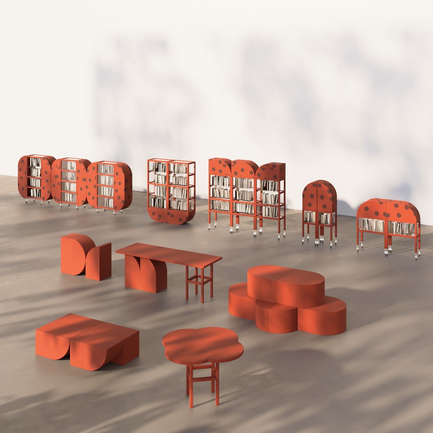 Uniform semicircular design and polka dot pattern make this collection easy to produce and arrange