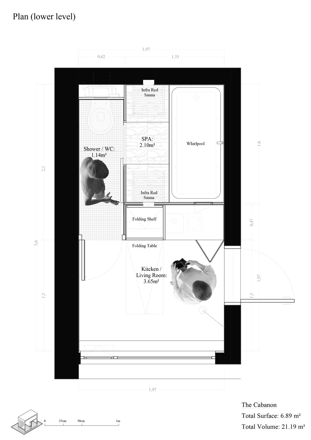 Plan lower level: living room / kitchen, spa, shower / toilet