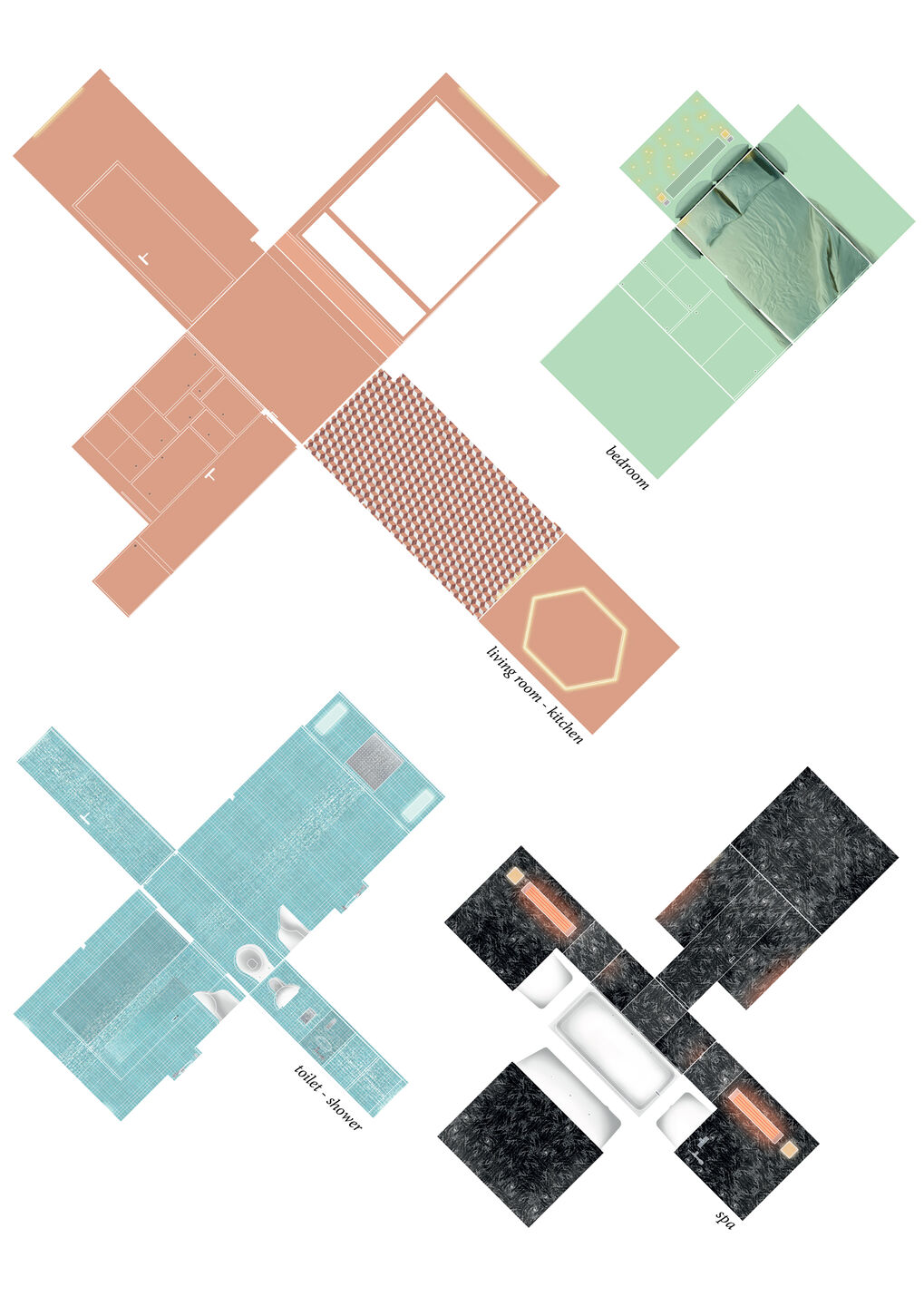 The four spaces so radically different in heights and materials unfold like four stars.