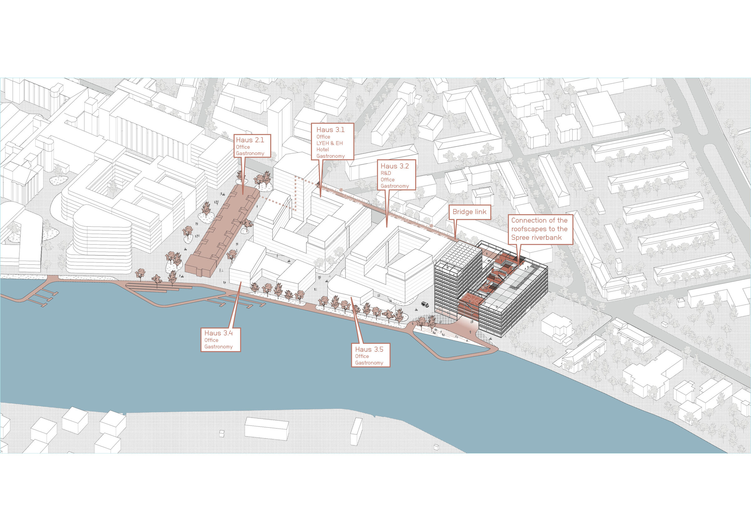Axonometry Behrens-Ufer: connected roofscape with continuos visitor path